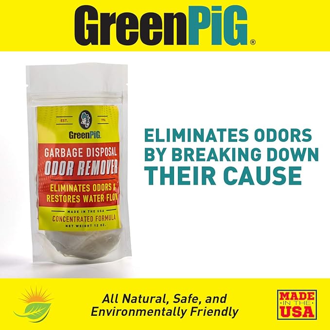 GREEN PIG Garbage Disposal Drain Deodorizer and Odor Eliminator, Destroys Odors, and Breaks Down the Causes for a Fresh, Clean Kitchen Environment