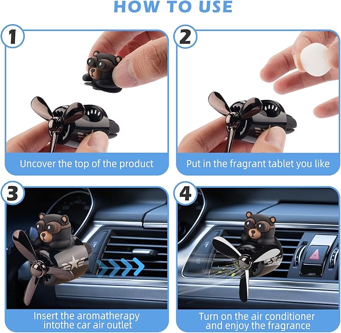 Car Air Freshener Cute Cartoon Bear Pilot Car Diffuser Rotating Propeller Automotive Air Outlet Fan Creative Car Perfume Decoration Cool Car Accessories Comes with 4 Fragrant Tablets