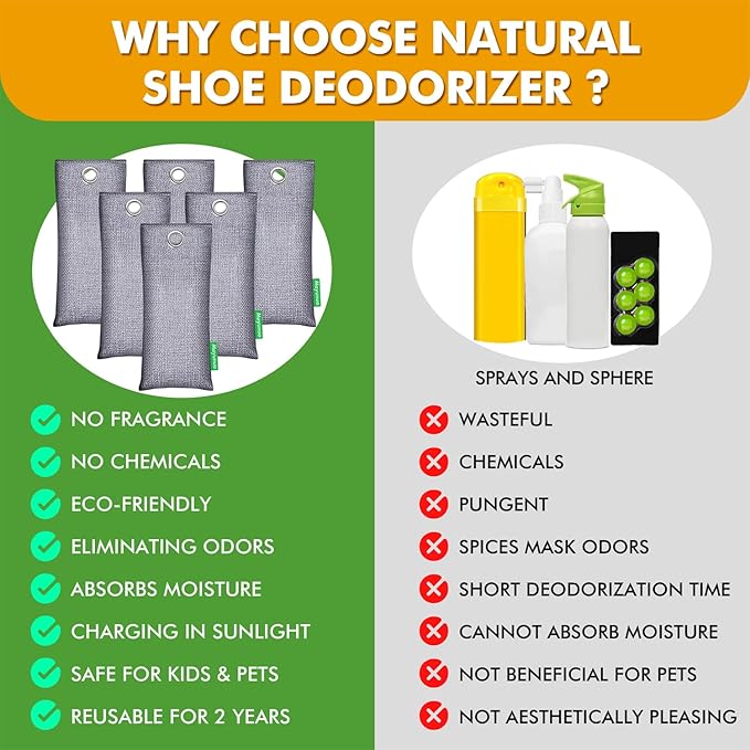 Activated Charcoal Odor Absorber for Strong Odor, Natural Shoe Deodorizer. Sneaker Odor Eliminator, 6 Pack Bamboo Charcoal Air Purifying Bags, Odor Remover Moisture Absorbers for Shoes