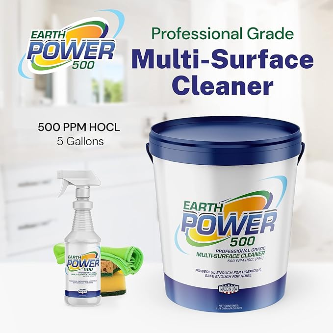 Earth Power Hypochlorous Acid 500 PPM Multipurpose Cleaner – Natural & Non-Toxic – Tile, Refrigerator, Shower, Countertop & Floor Cleaner – Family, Food & Pet Safe Cleaning Supplies – 5 Gallon