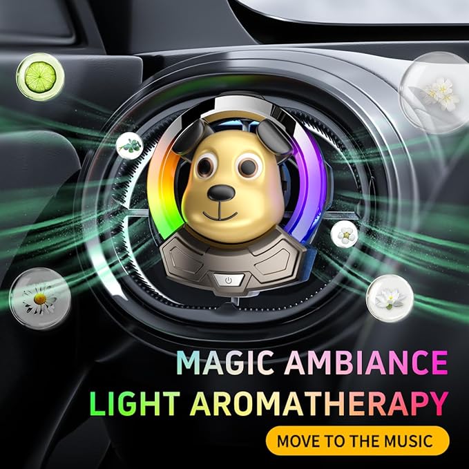 Cartoon Dog Cute Air Freshener for Car,7 Colors Air Vent Clips Car Decorations with 5 Dynamic Lightings,Voice Control,USB Charging Cute Vent Clips Car Accessories