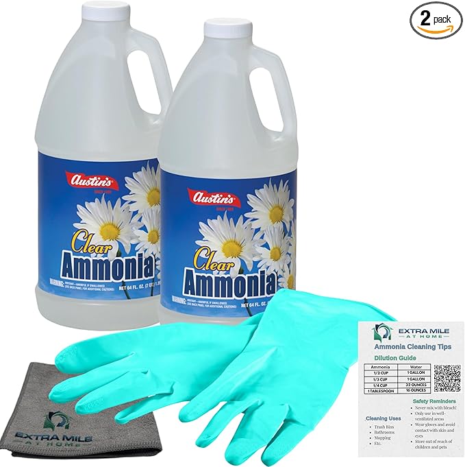 Clear Ammonia Cleaning Kit – 2 x 64oz Bottles with Gloves, Microfiber Cloth & Usage Guide – Odor Neutralizer, Degreaser & Laundry Booster