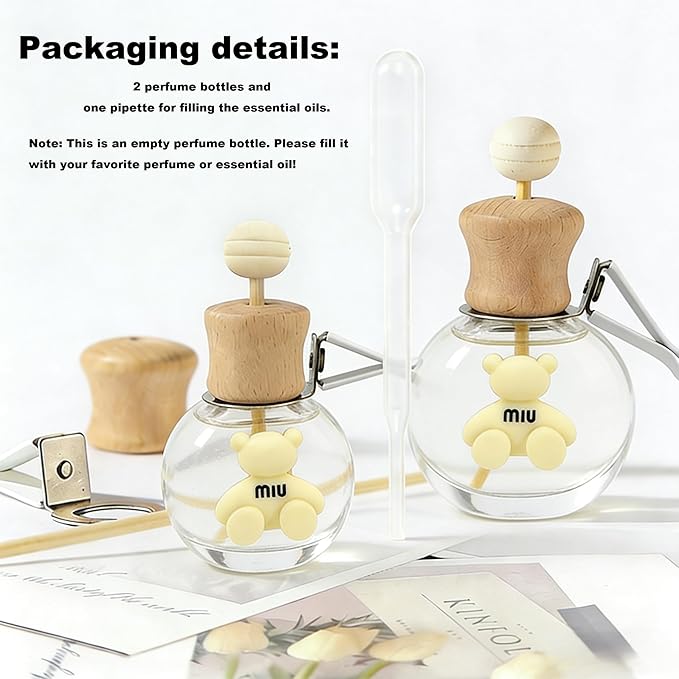 2 Pack Car Air Freshener Diffuser Bottle Refillable Empty Glass Perfume Bottle with Vent Clip, Drift Car Air Freshener Clip Essential Oil Diffuser for Car Oil Diffusers Interior Decor-A3