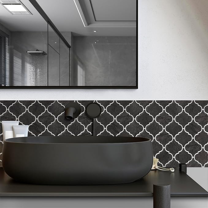 Arabesque Peel and Stick Backsplash for Kitchen, Thicker Design 3D Self Adhesive Wall Tiles, 12"x12" Peel and Stick Wall Tiles, Dark Grey 10-Sheet Stick on Tile for Kitchen and Bathroom.