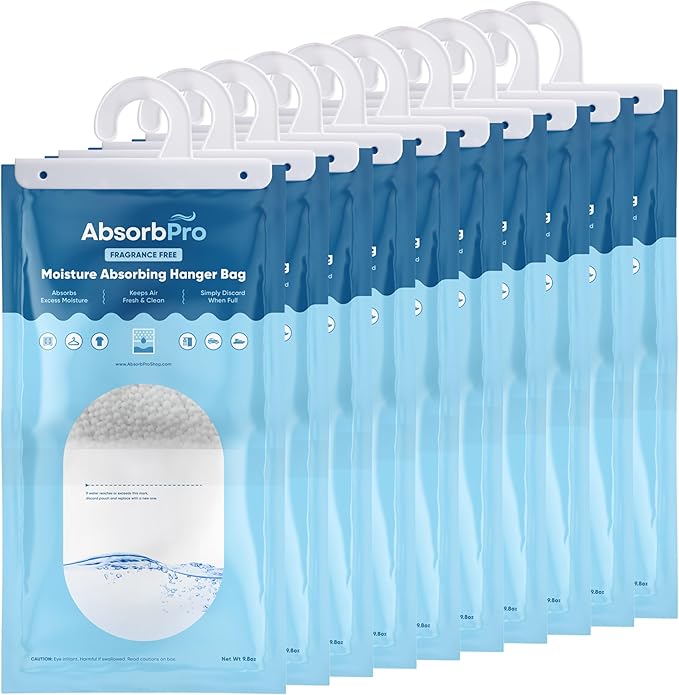 Moisture Absorbing Hanger Bag Fragrance Free - 10-Pack - 9.8 oz Hanging Dehumidifying Packs for Home, Kitchen, Bedroom, Bathroom, Closet, Rooms, Cars