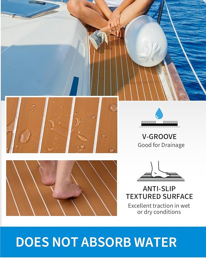 OCEANBROAD EVA Foam Boat Flooring with 3M Adhesive Backing Marine Self-Adhesive Decking 96''x45.6''/36''/28.8''/16.8'', 48''x16.8'' Faux Teak Sheet for Jon Boats Swim Platform Helm Pad RV Floor