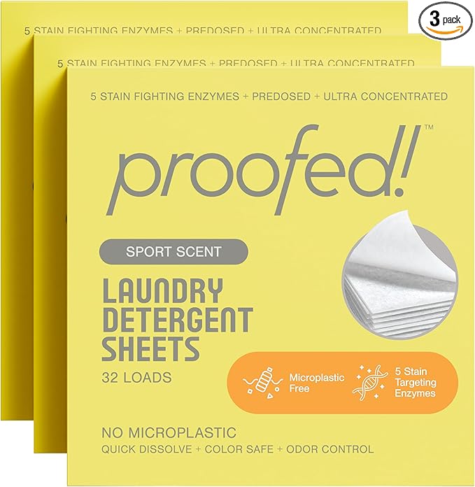 Proofed! Laundry Detergent Sheets, 96 Count, Sport Scent, The Only 100% Plastic-Free Sheet, No PVA or PVOH, Hypoallergenic, Bio-Based Ingredients, Made in USA, 3 Boxes