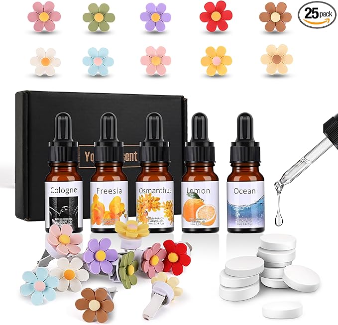 25 Pack Car Air Fresheners, 10 PCS Flower Car Air Vent Clip with 5 Essential Oil Scents & 10 Refill Pads