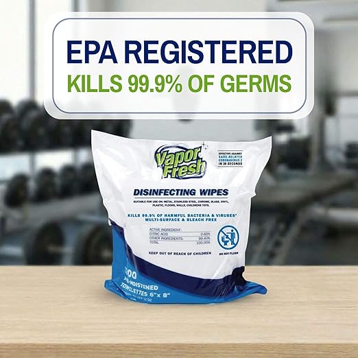 Vapor Fresh Disinfecting Wipes - 1200 Count x 4 Rolls (4,800 Total Wipes) Plant Powered Commercial Grade Disinfectant For Gym Equipment, Fitness Studios, Spas - Free of Quats - Bulk Refill Rolls