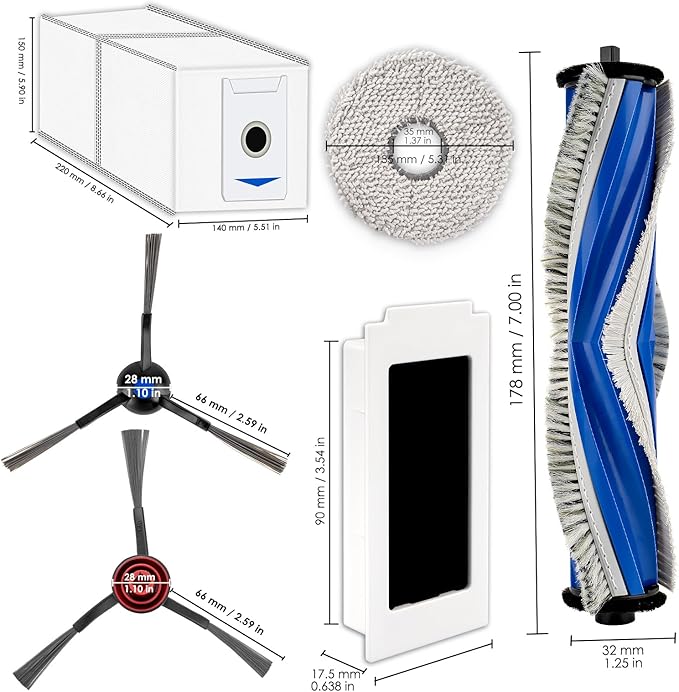 (11 Pack) M12 Pro+ Replacement Parts Compatible with ECOVACS DEEBOT T30 Omni/ T30 Pro Omni/Yeedi M12 Pro+ Robot Vacuum, 1 Roller Brush, 2 Side Brushes, 2 HEPA Filters, 2 Dust Bags, 4 Mop Pads