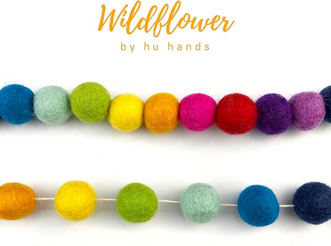 Garland for Wildflower by Hu Hands Rainbow Party - 100% Handmade Wool Felt Pom Poms - (50) Pure New Zealand Wool Felt Balls - DIY Pompoms - 0.8-1.0" Size - Drawstring Muslin Bag