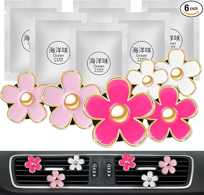 Pink Car Accessories for Women Teen Girls 6PCS Cute Auto Scent Air Fresheners Vent Clips Girly Daisy Flower Decorations Interior Aesthetic Things Cars Perfume Decor Stuff Valentines Gifts for Her Mom