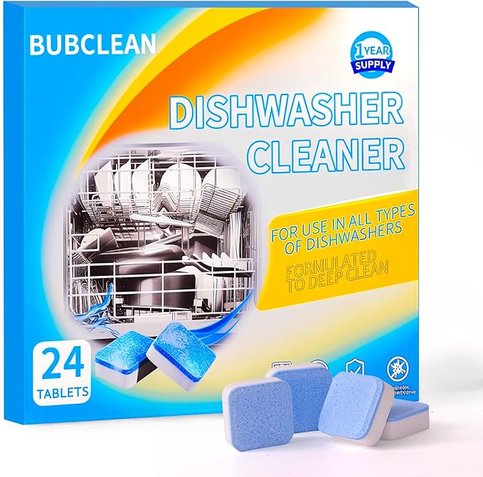 24 Pack BUBCLEAN Dishwasher Cleaner＆Deodorizer Tablets, Deep Cleaning Descaler for Dishwasher, Natural Odor, Limescale, Grease, Calcium ＆ Smell Remover, Septic Safe with Lemon Scent - 12 Month Supply