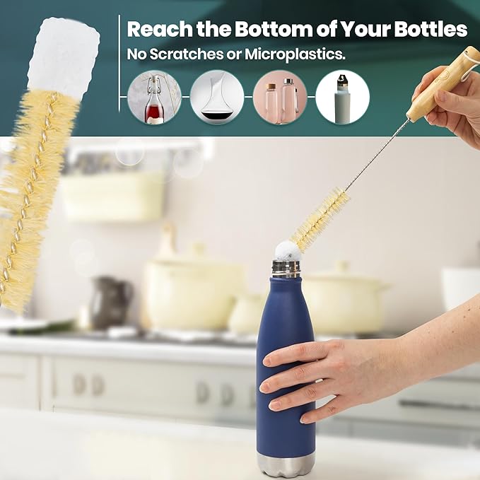 Bottle Brush Set - Ergonomic & Plastic Free Bamboo Bottle Brush, All in One Bottle And Straw Brush Cleaning Set, Sturdy Eco Friendly Water Bottle Cleaner Brush Set, Great Baby Bottle Cleaner Brush Set