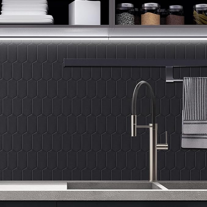Matte Black Long Hexagon Peel and Stick Wall Tiles for Kitchen, 10-Sheet Stick on Tiles Backsplash for Bathroom, Large Self-Adhesive Kitchen Backsplash (12''×12'')