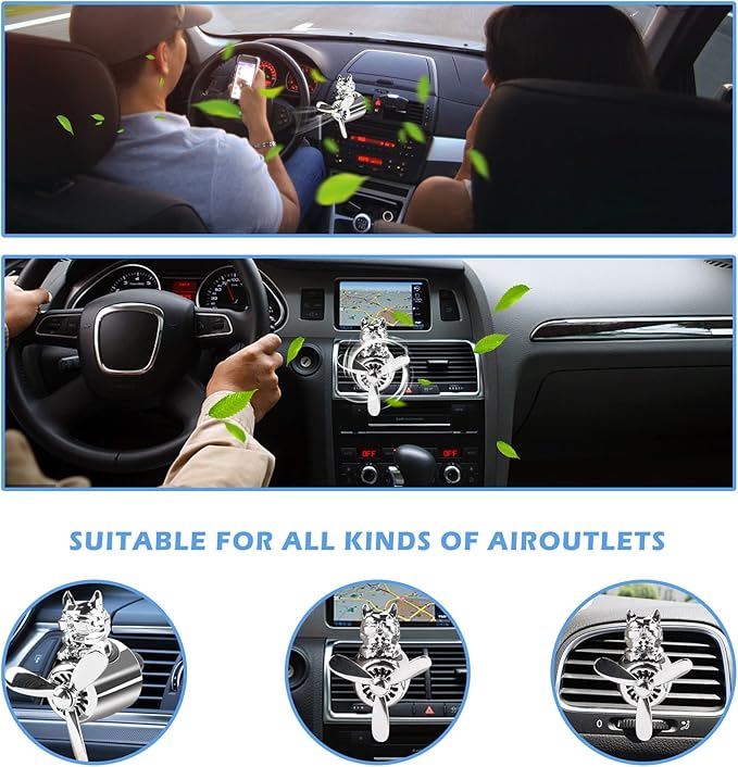 Car Air Freshener Cute Cartoon Bulldog Pilot Car Diffuser Rotating Propeller Automotive Air Outlet Fan Creative Funny Car Perfume Decoration Cool Car Accessories (Silver)