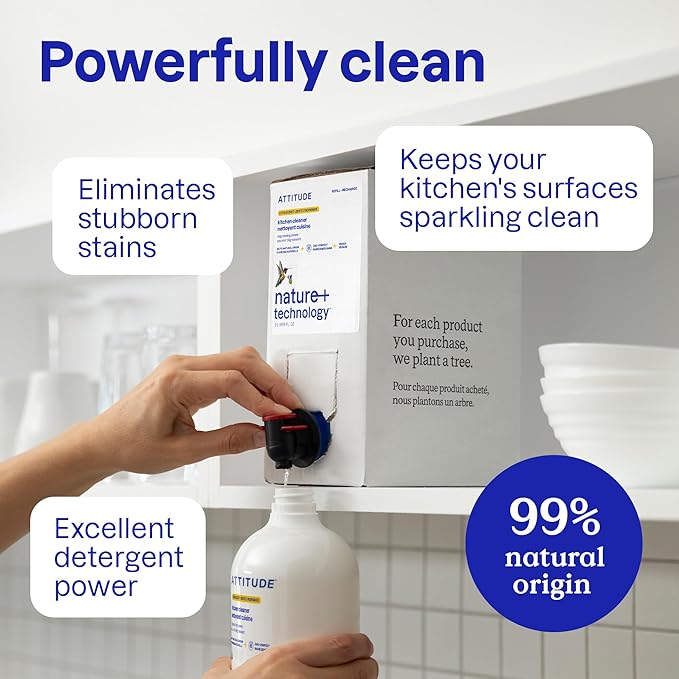 ATTITUDE Kitchen Cleaner Spray Refill, EWG Verified, Degreaser Spray to Cut Grease & Grime, Plant-Based & Vegan, Citrus Zest Scent, 67.6 Fl Oz