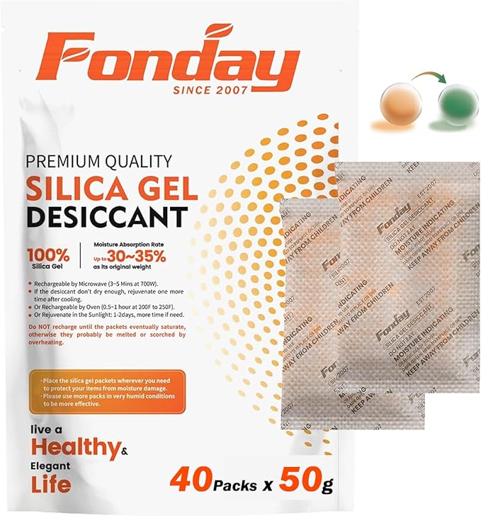 50g x 40 Packs Fonday Rechargeable Silica Gel Desiccant Packets Fast Reactivate Desiccant Bags Moisture Indicating Orange to Green for Food Storage, Electronics, 3D Filament & Safes