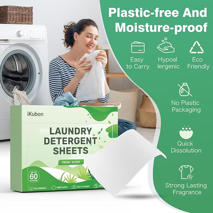 Laundry Detergent Sheets, Hypoallergenic Laundry Sheets Detergent, Eco Liquidless Laundry Detergent, No Plastic & Easy Carry for Travel/Home/Dorm - Up to 60 Loads - Fresh Scent