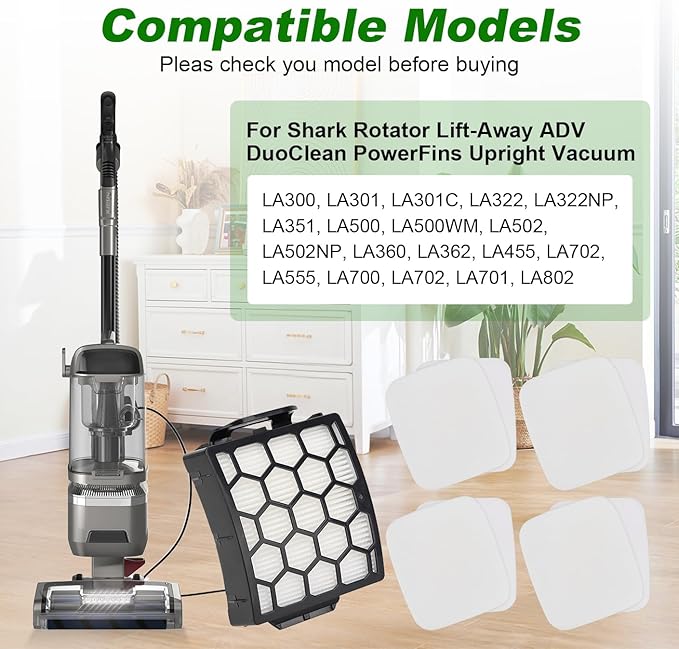 Vacuum Filters Replacement for Shark LA300 LA301 LA322 LA351 LA500 LA502 LA555 LA360 LA362 LA401 LA455 LA702 Rotator Lift-Away ADV DuoClean PowerFins Upright Vacuum 1 HEPA 2 Foam 2 Faux Felt Filters