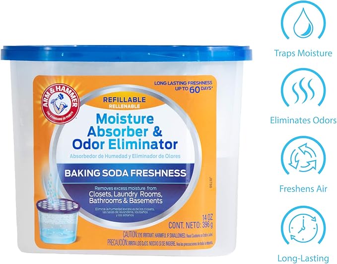 Arm & Hammer Fragrance Free Refillable Moisture Absorber and Odor Eliminator 14-Ounce Tub, 6-Pack, Attracts and Traps Excess Moisture for Fresher, Cleaner Air