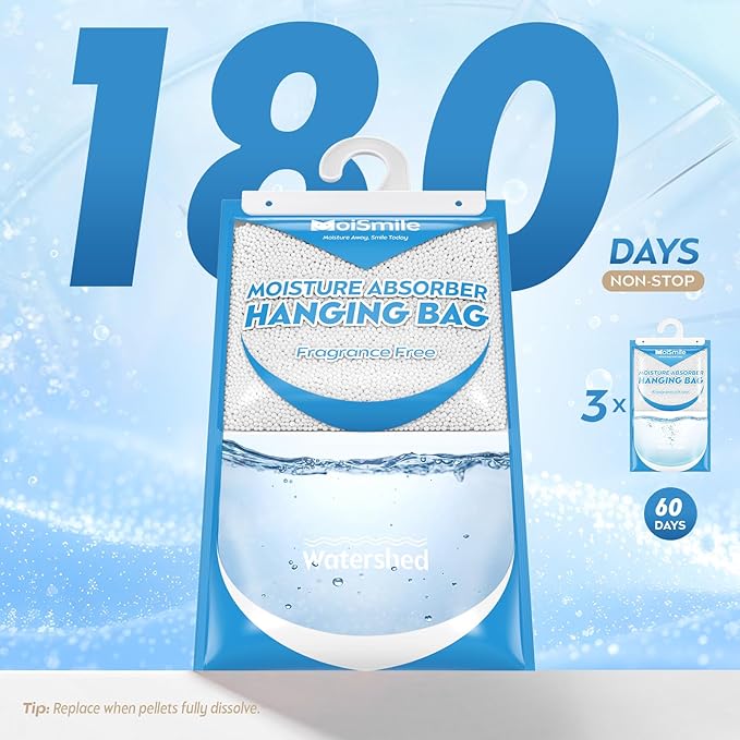 Hanging Moisture Absorbers 3 Pack Net Wt. 17.5oz/Pack, Fragrance Free Closet Dehumidifier Bags, Odor Eliminator & Humidity Absorber, Humidity Packs for Bathroom, Bedroom, Basement, Car, RV & Boat
