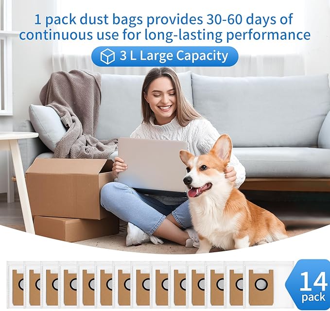 14 Pack Replacement Dust Bags Compatible with for AIRROBO T20+/ T25+/ T30+/ T25+C Robot, Vacuum Bags for AIRROBO, Large Capacity Disposable Dust Bags White