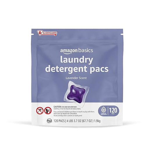 Amazon Basics Laundry Detergent Pacs, Lavender Scent, HE Compatible, Easy to Use Pre-Measured Pods, Clean Clothes, 120 Count (New Packaging)