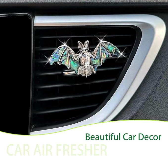 Bat Air Vent Clip Car Air Freshener Outlet Clips Natural Abalone Shell Seashell Color Vampire Bat Car Accessories Gothic Car Decor Refillable Car Diffuser Clips (Big Bat)