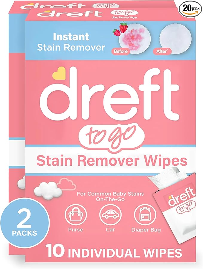 Dreft Stain Remover Wipes for Baby Clothes – Travel Size Stain Remover, Individually Wrapped for On-the-Go Use – Mild on Skin & Safe for Baby Clothes – 20 Count