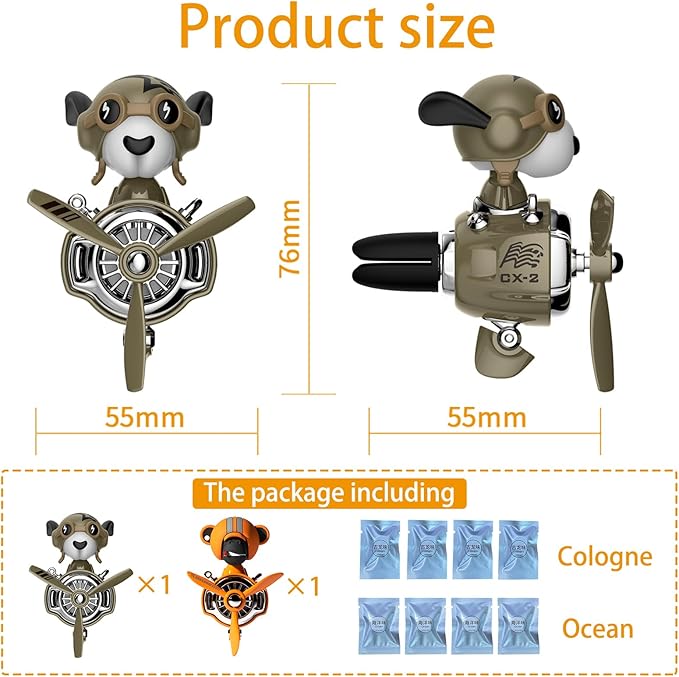 2Pcs Car Air Fresheners, Cute Bear Pilot Automotive Air Outlet Creative Car Perfume Diffuser, Automotive Accessories Air Vent Decoration with 8 Fragrant Tablets (Orange 1+Green 1)