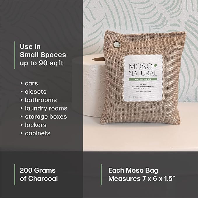 Moso Natural Air Purifying Bag 200g (4 Pack). A Scent Free Odor Eliminator for Cars, Closets, Bathrooms, Pet Areas. Premium Moso Bamboo Charcoal Odor Absorber. Two Year Lifespan! (Natural Beige)