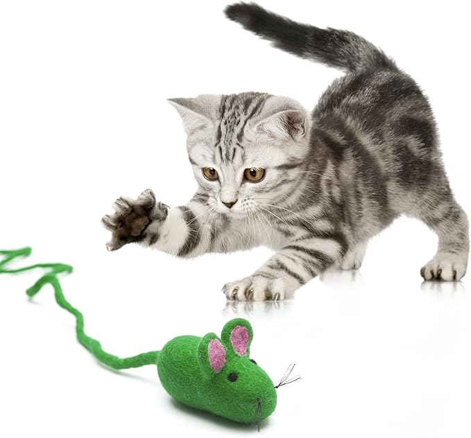 Glaciart One Felt Mouse Cat Toy – Soft Fuzzy Enrichment 100% Natural Wool - Interactive Catnip Play Cat Toy Set - Safe for Pets, Non-AZO Colored Dyes - 100” Long