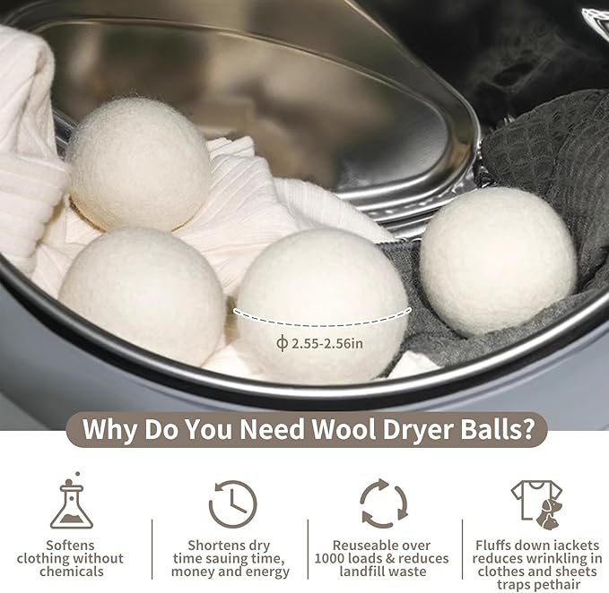 Wool Dryer Balls, Organic Wool Balls for Dryer Laundry Balls for Dryer Reusable 6P Reducing Clothing Wrinkles,Saving Drying Time and Fabric Fluffier 100% New Zealand Wool Lint Balls