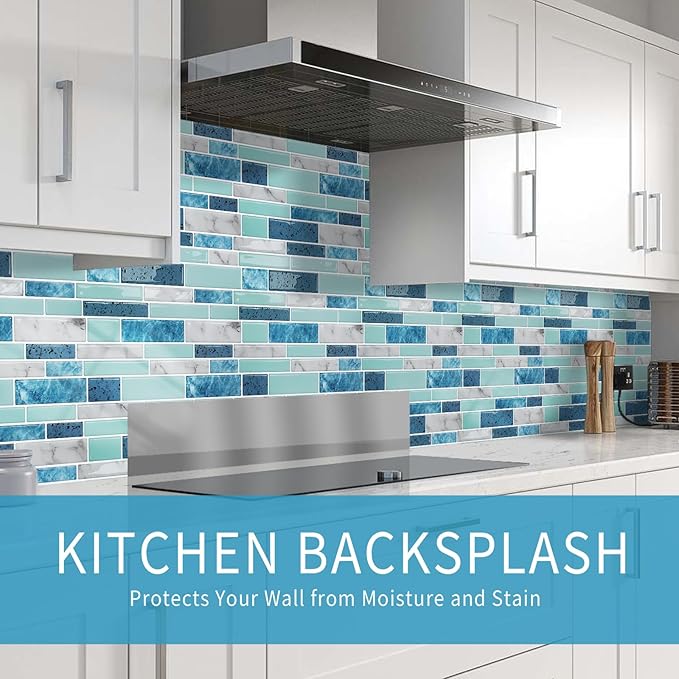 Vamos Tile 10 Sheets Peel and Stick Tile Backsplash, 12"x12" Light Color Stick on Wall Tiles, Self Adhesive Tile Sticker for Kitchen Backsplash and Bathroom(Blue Marble Look)