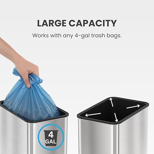 iTouchless 15 Liter / 4 Gallon Stainless Steel Wings Open Lid Sensor Bathroom Trash Can, Touchless Automatic Operation, Compact Design for Home, Office, Restroom, Kitchen, Bedroom