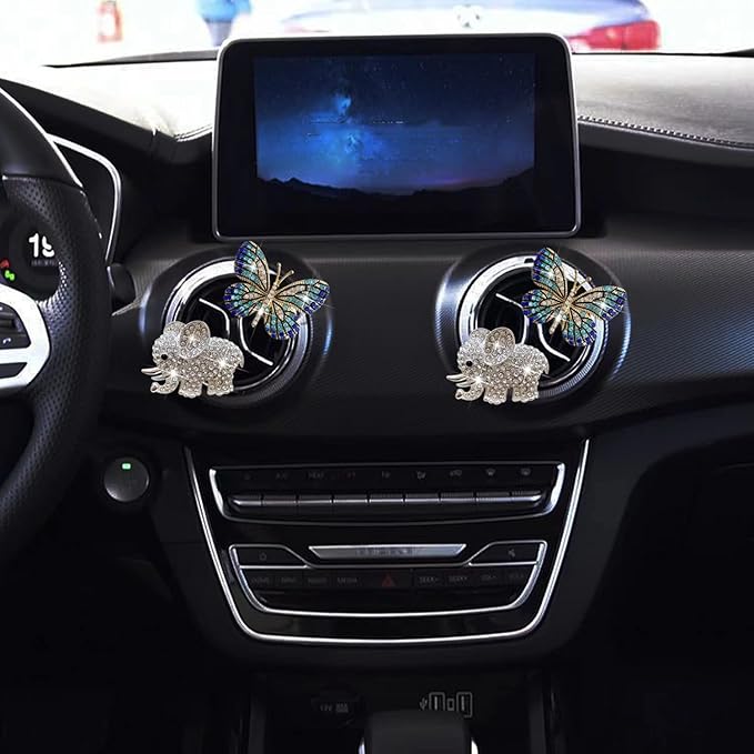 Bling Butterfly Air Vent Clips, 4 Pcs Crystal Elephant Air Fresheners, Diffuser Rhinestone Decoration Cute Interior Decor Accessories for Women