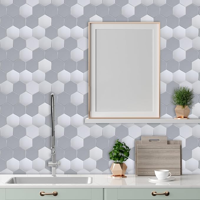 New Upgrade Premium Hexagon Peel and Stick Tile Backsplash，Matte Grey Waterproof Stick on Backsplash, Self-Adhesive Marble Tiles for Kitchen,Bathroom and Bedroom，10-Sheet.