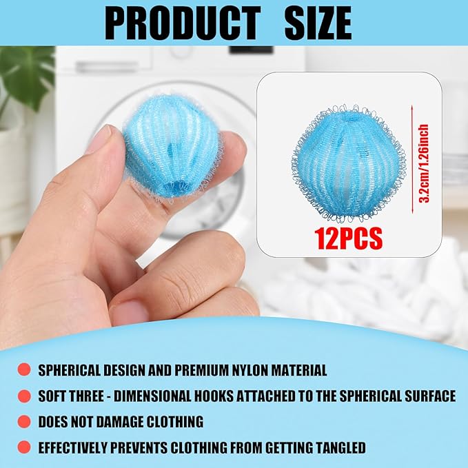 12pcs Pet Hair Remover for Laundry, Reusable Dryer Pet Hair Catching Balls Dog Cat Lint Remover Balls Washing Machine Cleaning Tool for Home Dormitory Hostel Does Not Damage Clothing