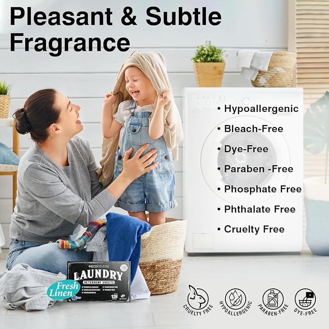 Laundry Detergent Sheets - Eco Friendly Hypoallergenic for sensitive skin, Natural Plant Based Washer Sheets, Travel Laundry Detergent, Harsh Chemical Free Laundry Soap (64 cnt/ 128 Small Loads)
