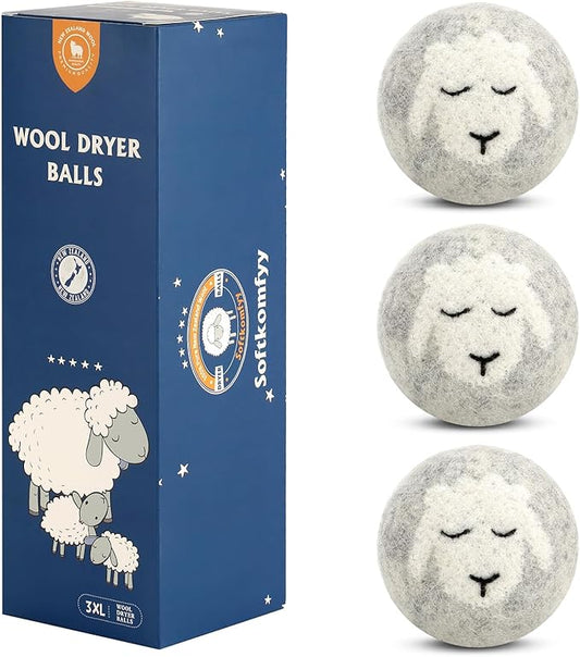 Wool Dryer Balls Handmade 3 Pack XL,Organic Laundry Dryer Balls,100% New Zealand Wool Natural Fabric Softener,Reusable 1000 Loads,Wrinkles Free, Shorten Drying Time,Baby Safe (3 Pack,Sleeping Sheep)