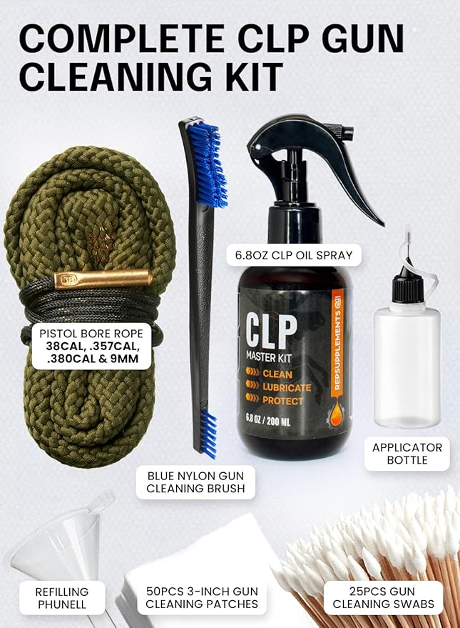 Gun Cleaning Oil Kit 3-in-1 Cleans, Lubes, Protects - 6.8 Oz Sprayer Gun Oil Cleaner and Lubricant, Needle Oiler, Cleaning Patches, Cleaning Swabs and Brush - Gun Oil and Cleaning Kit