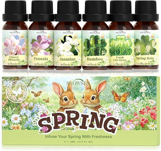 Spring Essential Oil Set of Premium Fragrance Oils for Diffuser- Includes Cherry Blossom, Fresh Cut Grass, Spring Rain, Bamboo, Freesia, Jasmine Diffuser Oils, Candle Making for Aromatherapy, Home Car