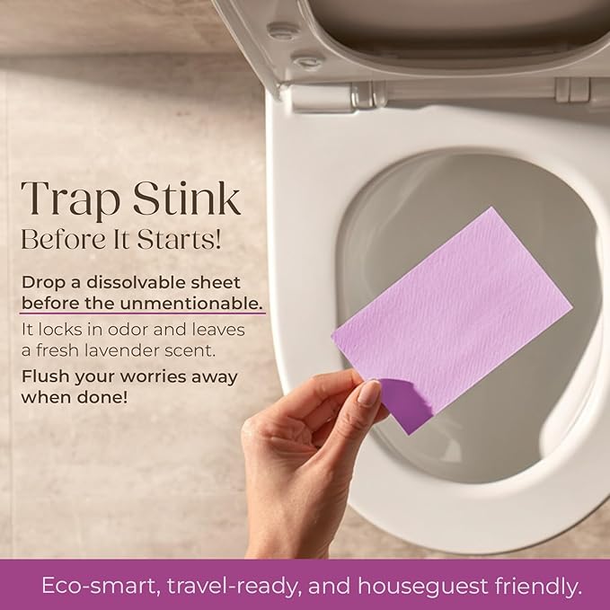 Sheet Happens Pre-Poo Toilet Sheets, Lavender Field Scent, 2 Pack, 40 Dissolvable Odor-Stopping Sheets, Toilet Spray Alternative That Removes Poop Odor Quietly, Septic Safe, Travel Essentials