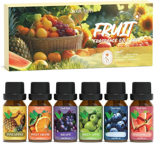 Fruit Essential Oils Set, Fragrance Oil Set for Diffuser, Scent Diffuser Oil for Candle Making- Pineapple, Sweet Orange, Grape, Green Apple, Blueberry, Watermelon