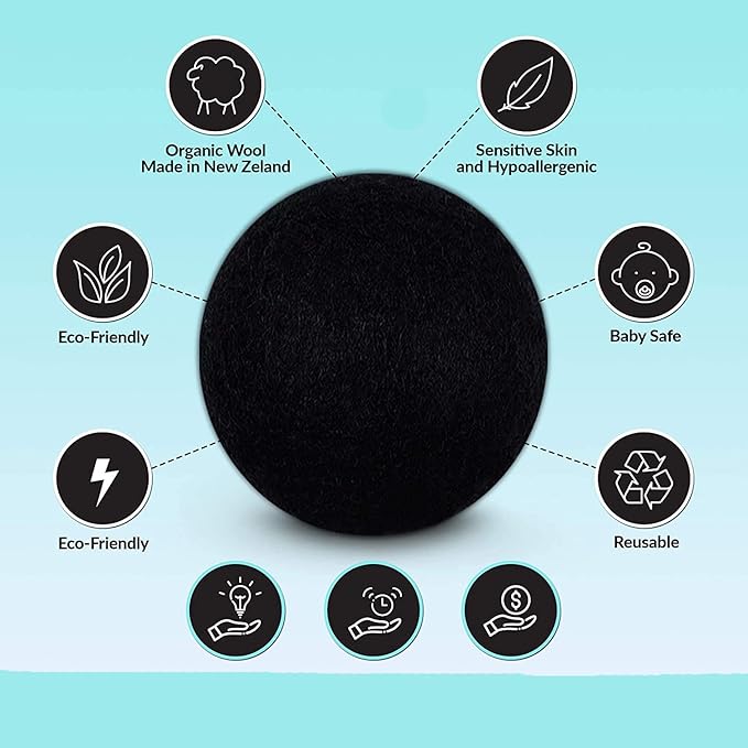 Woolous Black Dryer Balls, Natural Reusable New Zealand Eco Sheep Handmade XL Organic Wool Laundry Dryer Balls(XL,6pack)