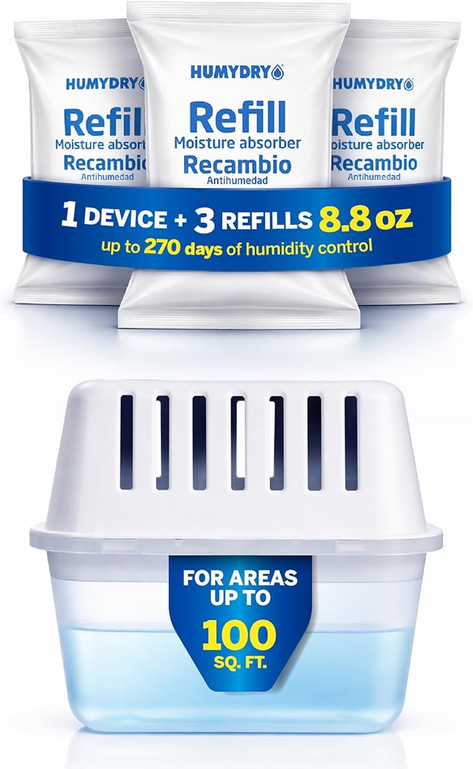 HUMYDRY Moisture Absorber Dehumidifier for Home, Compact Pack of 1 Device of 8.8 Oz With 3 Pre Measured Refills, Fragrance Free Humidity Absorber For Closets Bathroom Bedroom, Ideal For Small Spaces