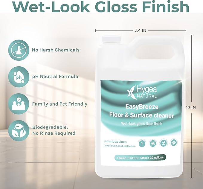 Hygea Natural EasyBreeze pH Neutral All-Purpose Surface Cleaner - Freshly Scented Floor Cleaner with Wet-Look Gloss Finish - Tough on Dirt & Grease - Safe for Kids & Pets (Luxurious Linen, One Gallon)