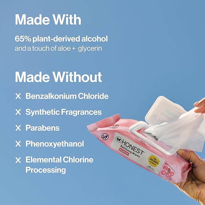 The Honest Company Grapefruit Grove Sanitizing Wipes, Kills 99.99% of Germs, Safe for All Hands, Antibacterial, Dermatologist Tested, 50 Count
