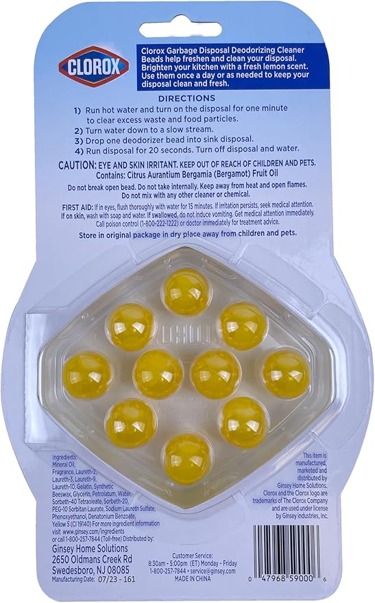 Clorox Garbage Disposal Cleaner and Deodorizer Beads, Lemon-Scented 2-Pack (20 count), freshener for sinks and drains, degreases and cleans disposals